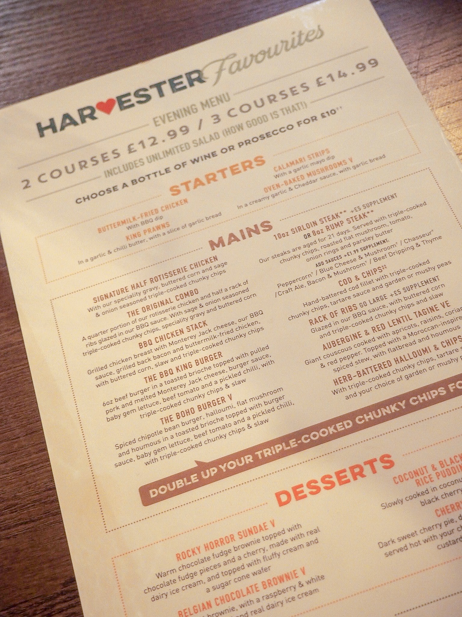 harvester evening menu